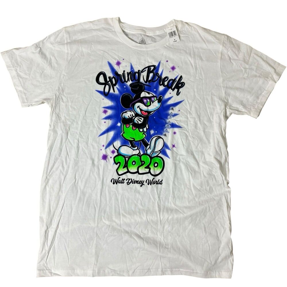 Disney Parks T-Shirts Mens XL White‎ Mickey Mouse Spring Break 2020 Colorful New